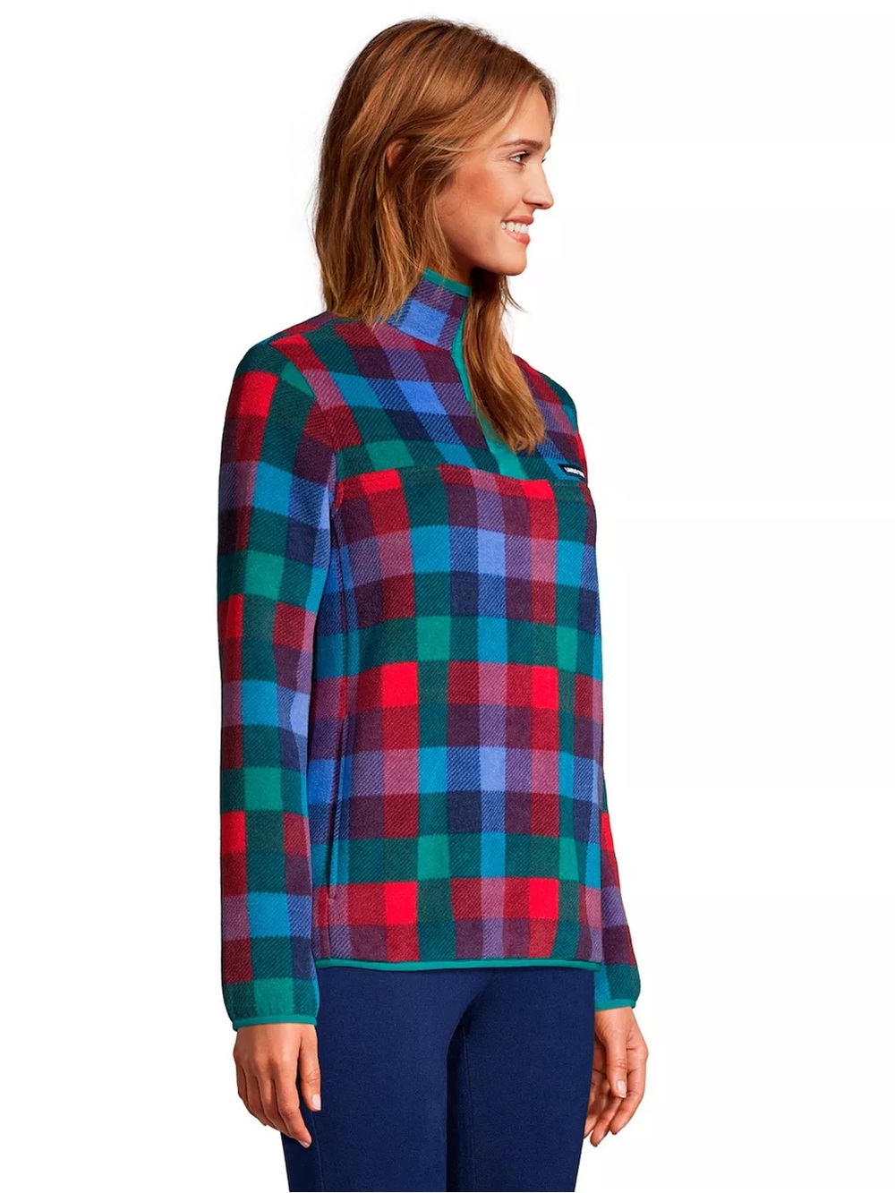 Lands' End Heritage Quarter-Snap Fleece Pullover Plaid Red Blue